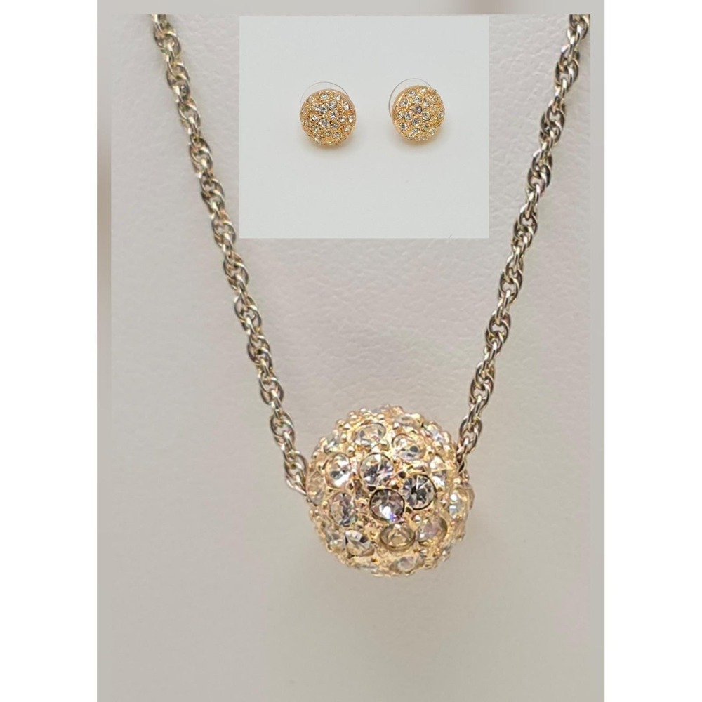 Vtg 1970s ROMAN‎ Necklace & Earrings Set Pavé Crystals Gold Plate Rope Chain 24"